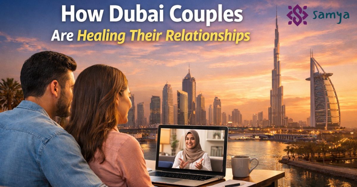A couple attending an online couples therapy session in Dubai with a therapist on a video call