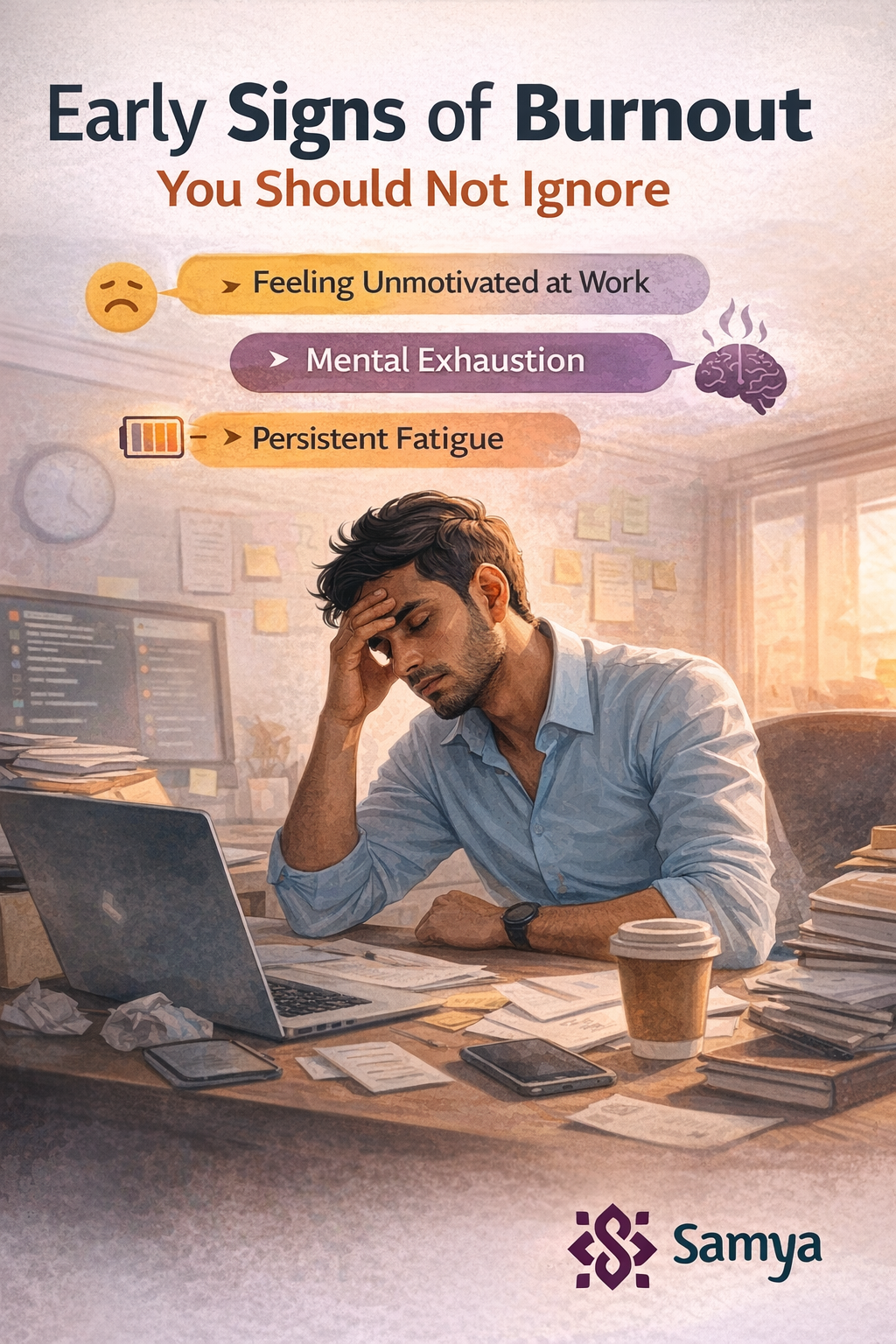 An employee feeling mental exhaustion at work, showing early burnout symptoms